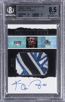 2003-04 UD "Exquisite Collection" Limited Logos #KG Kevin Garnett Signed Game Used Patch Card (#31/75) – BGS NM-MT+ 8.5/BGS 10